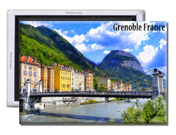 Grenoble France Village & Mountain View - Souvenir Fridge Magnet