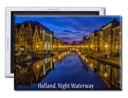 Holland Night Waterway River - Souvenir Fridge Magnet